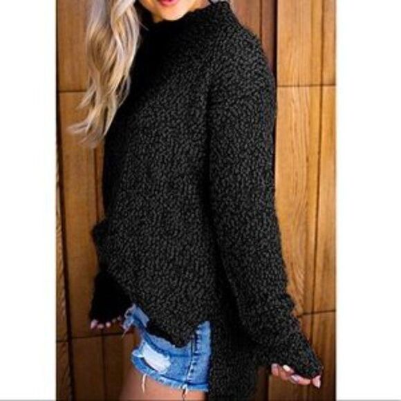 New Fuzzy Knitted Sherpa Side Slit Top - Picture 2 of 7